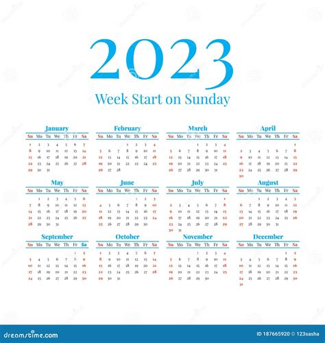 Calendar 2023 Year Week Starts On Sunday English Vector Square Wall