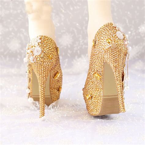 glitter gold rhinestone wedding shoes 5 inches high heel party pumps bling diamond evening prom