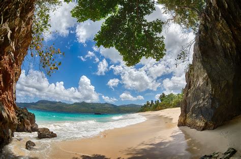 Beach Tropical Sand Mountain Caribbean Palm Trees Clouds Rock Dominican