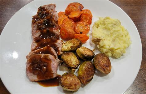 Figgy Balsamic Pork I Added Mashed Potatoes Also Added Extra Balsamic To The Brussels Sprouts