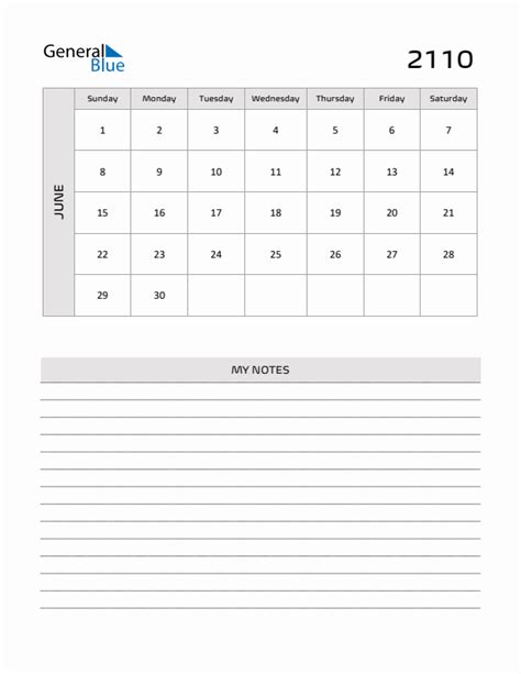 June 2110 Printable Monthly Calendar With Notes