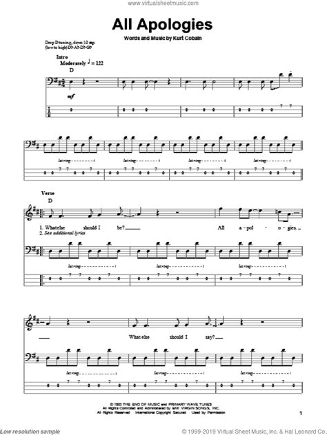 Songs with solos, songs with bass playable. Nirvana - All Apologies sheet music for bass (tablature) (bass guitar)
