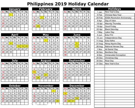 Philippines 2019 Holiday Calendar Calendar Printables Calendar