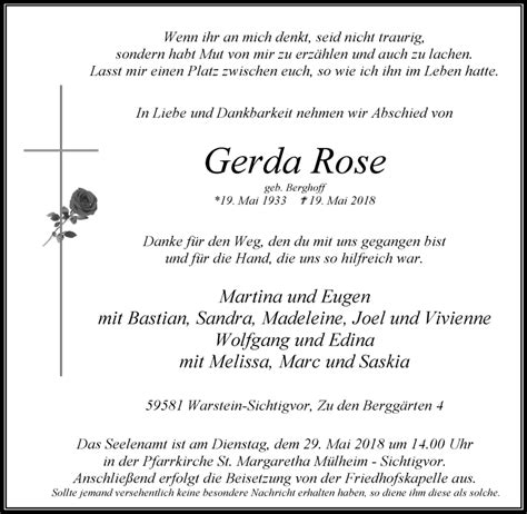 Traueranzeigen Von Gerda Rose Trauer In Nrwde