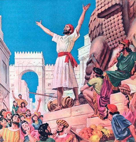 Jonah Preaching In Nineveh Scene From The Bible Stock Image Look And Learn