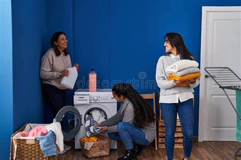 Three Woman Washing Clothes At Laundry Room Stock Image Image Of