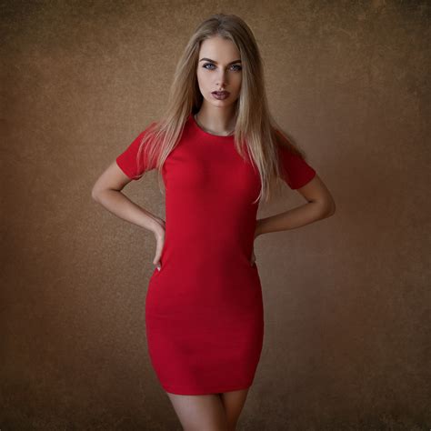 Wallpaper Dmitry Shulgin Red Dress Women Model Blonde Blue Eyes Tight Dress X