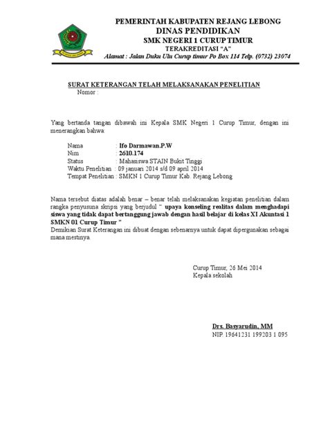 Surat Keterangan Telah Melaksanakan Penelitian Pdf