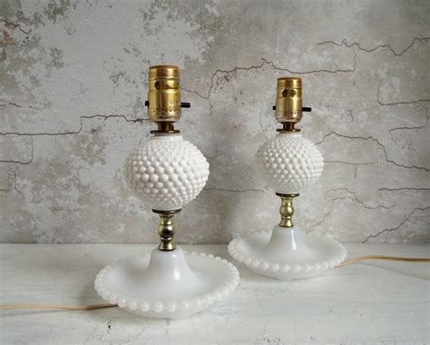 Hobnail Milk Glass Lamps Vintage Pair Of Accent Lamps White Saucer Base Boudoir Table Lamp