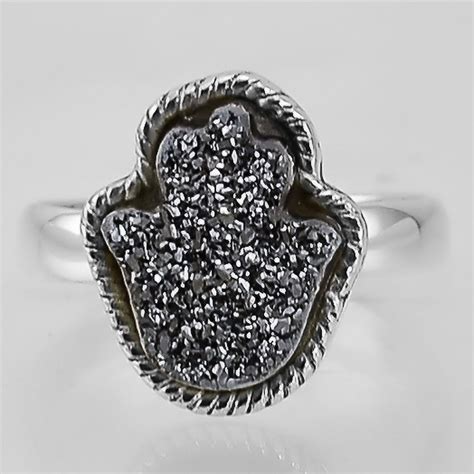 Hamsa Hand Black Druzy 925 Sterling Silver Handmade Ring Jewelry S7