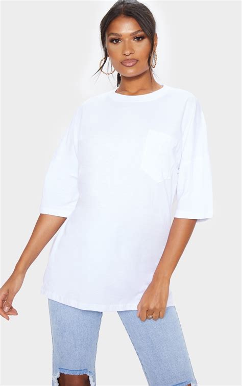 White Pocket Front Oversized T Shirt Tops Prettylittlething Uae