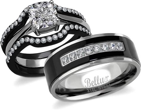 Bellux Style His And Hers Wedding Engagement Promise Rings For Couples Stainless Steel Cz Womens