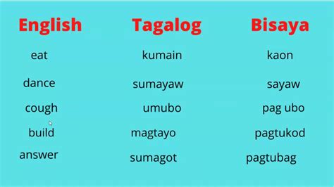 Action Words Verbs In Tagalog And Bisaya With English Translation