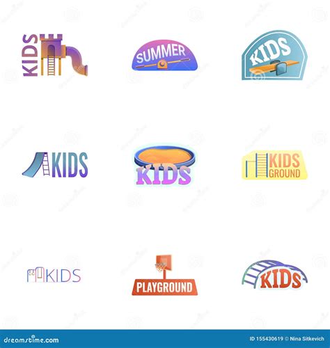 Amusement Kids Playground Logo Set Cartoon Style Stock Vector