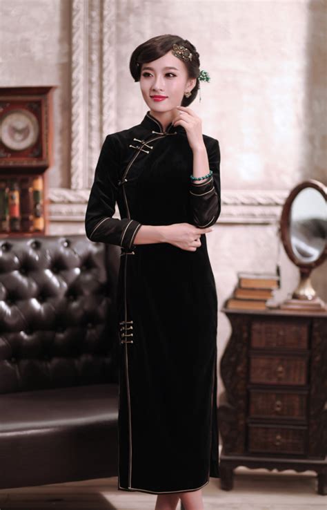 refined black velvet classical long cheongsam dress qipao cheongsam and dresses women