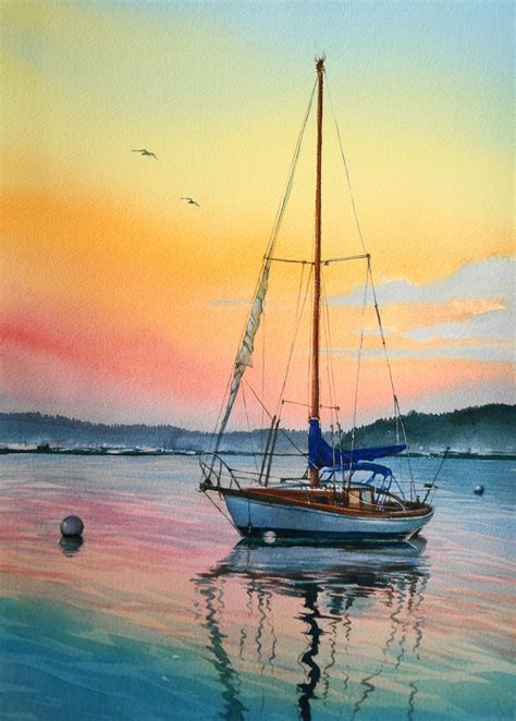 Original Watercolor Painting The Lonely Boat Yacht Watercolor Boat