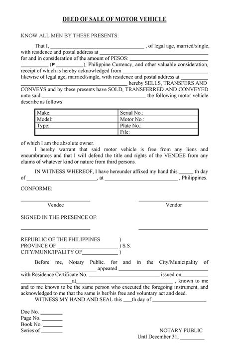A Printable Motor Vehicle Purchase Form