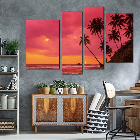 Beach Landscape Canvas Wall Art Red Ocean 4 Piece Canvas Print
