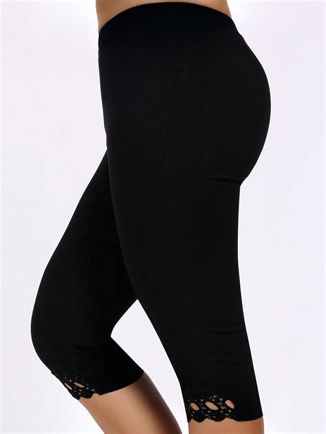 Lace Trim Plus Size High Waist Capri Leggings Black Xl In Plus