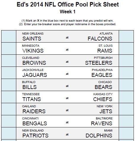 Join this free entry pick'em pool open to all mop members. Ed's NFL Office Pool