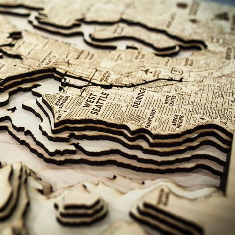 Seattle Wa Puget Sound Wood Map 3d Topographic Chart