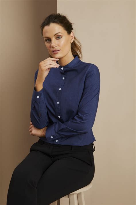 Womens Long Sleeve Denim Look Banded Collar Shirt Dark Blue Denim