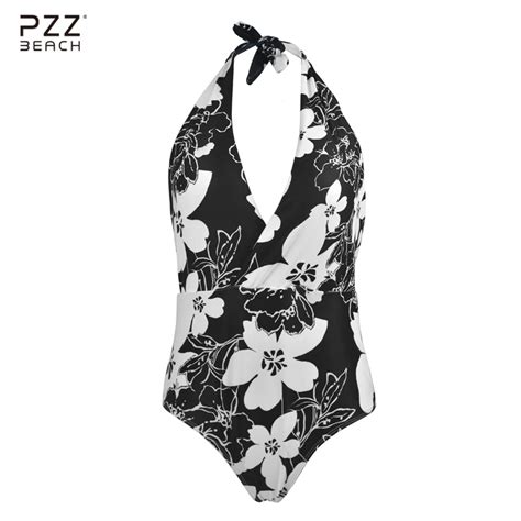 2017 New Women Swimwear Halter Sexy One Piece Swimsuit High Waist Black Floral Print Monokini