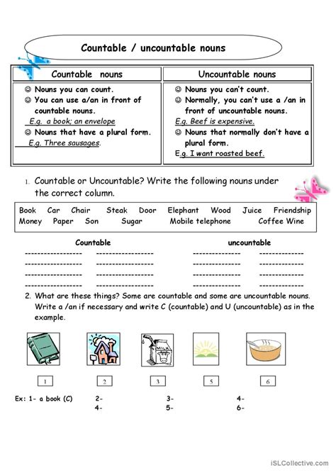 Countable And Uncountable Nouns English Esl Worksheet