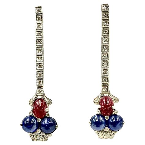 Art Deco Tutti Frutti Diamond Sapphire Carved Ruby Platinum Earrings
