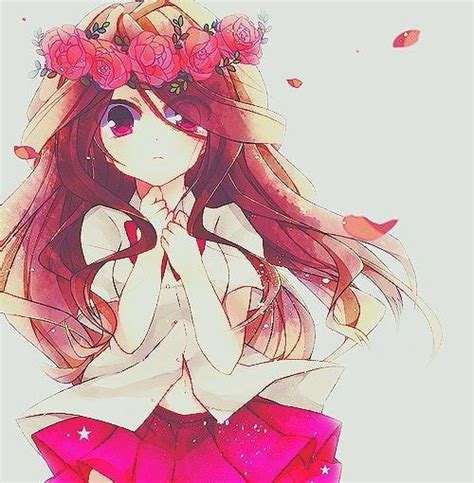 Anime Girl With Brown And Red Hair With Flowers In Her