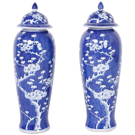 Pair Of Tall Blue And White Chinese Porcelain Jars Or Urns At 1stdibs