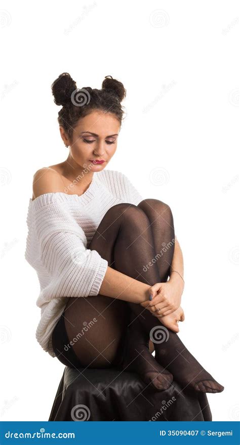 A Girl Sits Hugging Her Knees Stock Image Image Of Slim Sitting 35090407