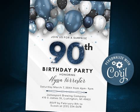 Balloons 90th Birthday Invitation Adult Ninety Birthday Etsy