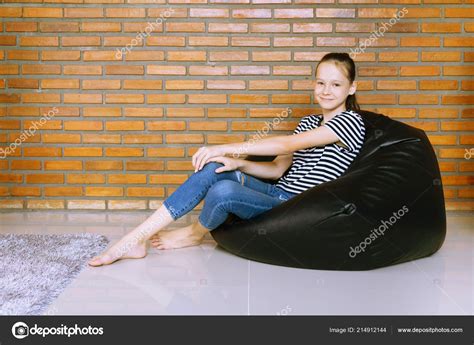 Beautiful Caucasian Teen Girl Sitting Black Bean Bag Chair Brick Stock Photo Scorpionce