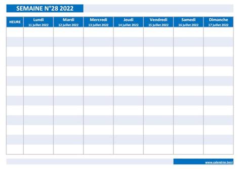 Semaine 28 2022 Dates Calendrier Et Planning Hebdomadaire à Imprimer