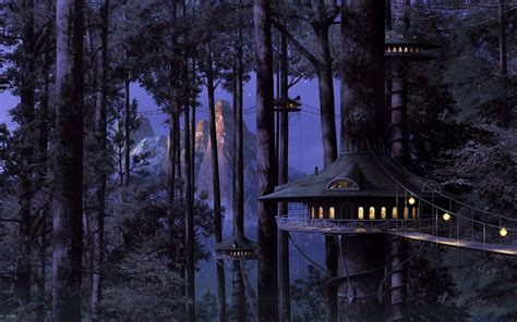 The Elven City Kai Arborus At Night Fantasy Treehouse Fantasy Art