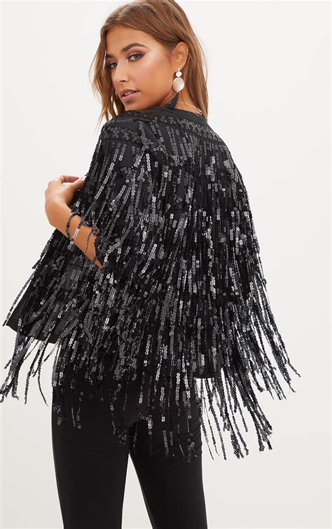 Black Sequin Fringed Jacket Coats And Jackets Prettylittlething Ie