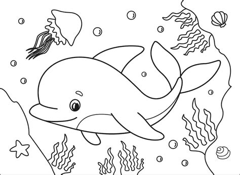 Cute Dolphin With Jellyfish And Scallops Coloring Page Free Printable