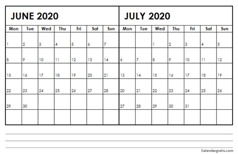 June July 2020 Calendar Template With Notes Printable Holidays List