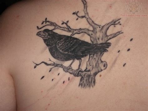 Crow Sitting On Tree Tattoo On Back Shoulder