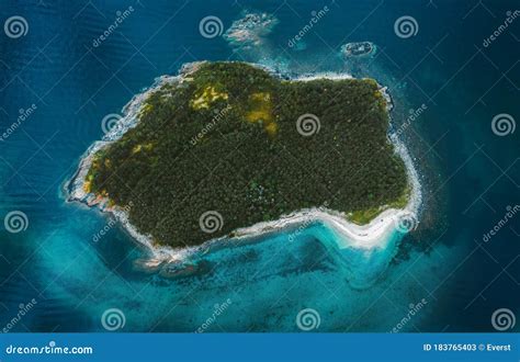 Aerial View Uninhabited Island In Ocean Drone Landscape In Norway Stock