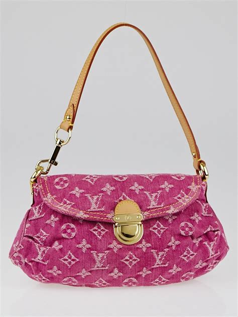 The perforated monogram design in grey adds an elegant contrast against the bois de rose pink shade of the bag. Louis Vuitton Pink Denim Monogram Denim Mini Pleaty Bag ...