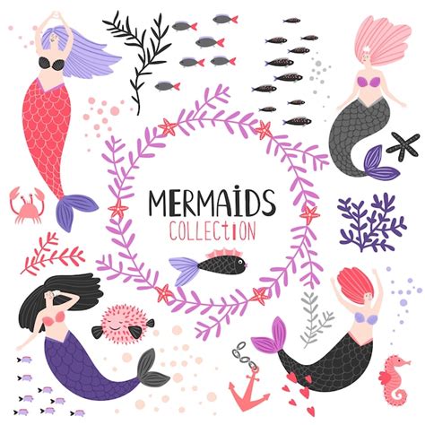 Premium Vector Cartoon Character Mermaids And Fishes