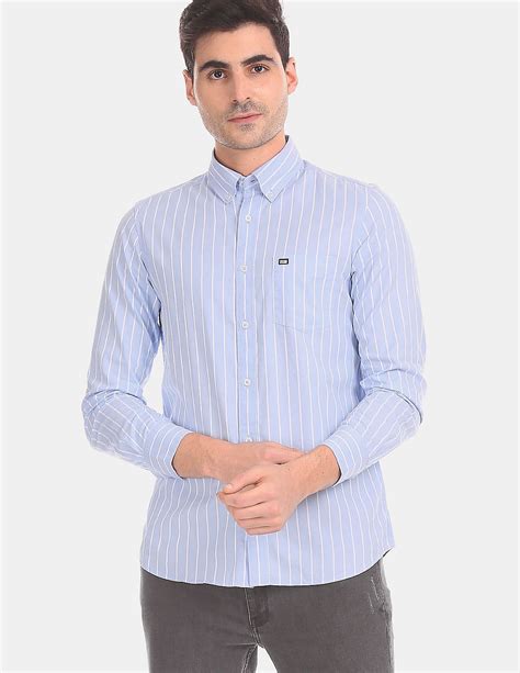 Buy Arrow Sports Men Light Blue Button Down Stripe Casual Shirt