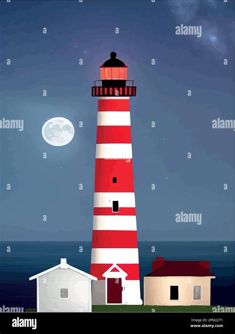 Vector Illustration Lighthouse In Night Sea Lighthouse By Sea With