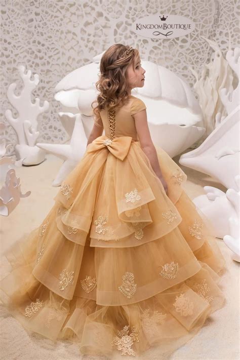 Gold Lace Tulle Formal Flower Girl Dress For Special