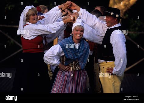 Swedish Traditional Folk Dancers In Traditional Dresses At Skansen Park Stockholm Sweden August