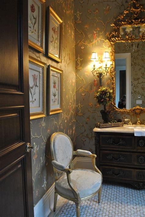 Very Elegant Powder Room With Chinnoiserie Wallpaper And