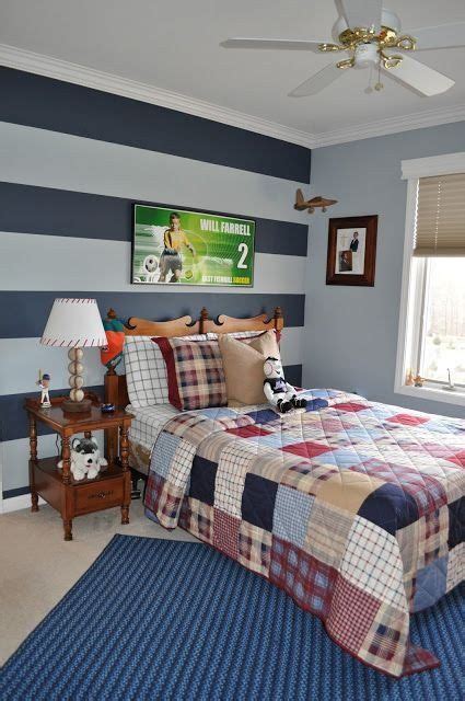 For a teenage boy his bedroom is like a fort, protecting him. Boys Bedroom Colors Ideas Striped Accent Wall in 2020 ...