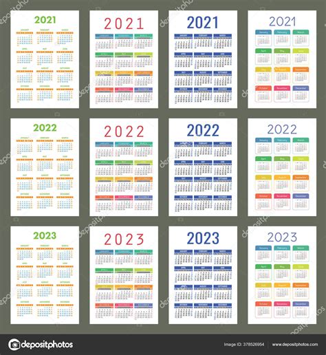 Календар 2021 2022 2023 Англійський Кольоровий Вектор Вертикальна Стіна
